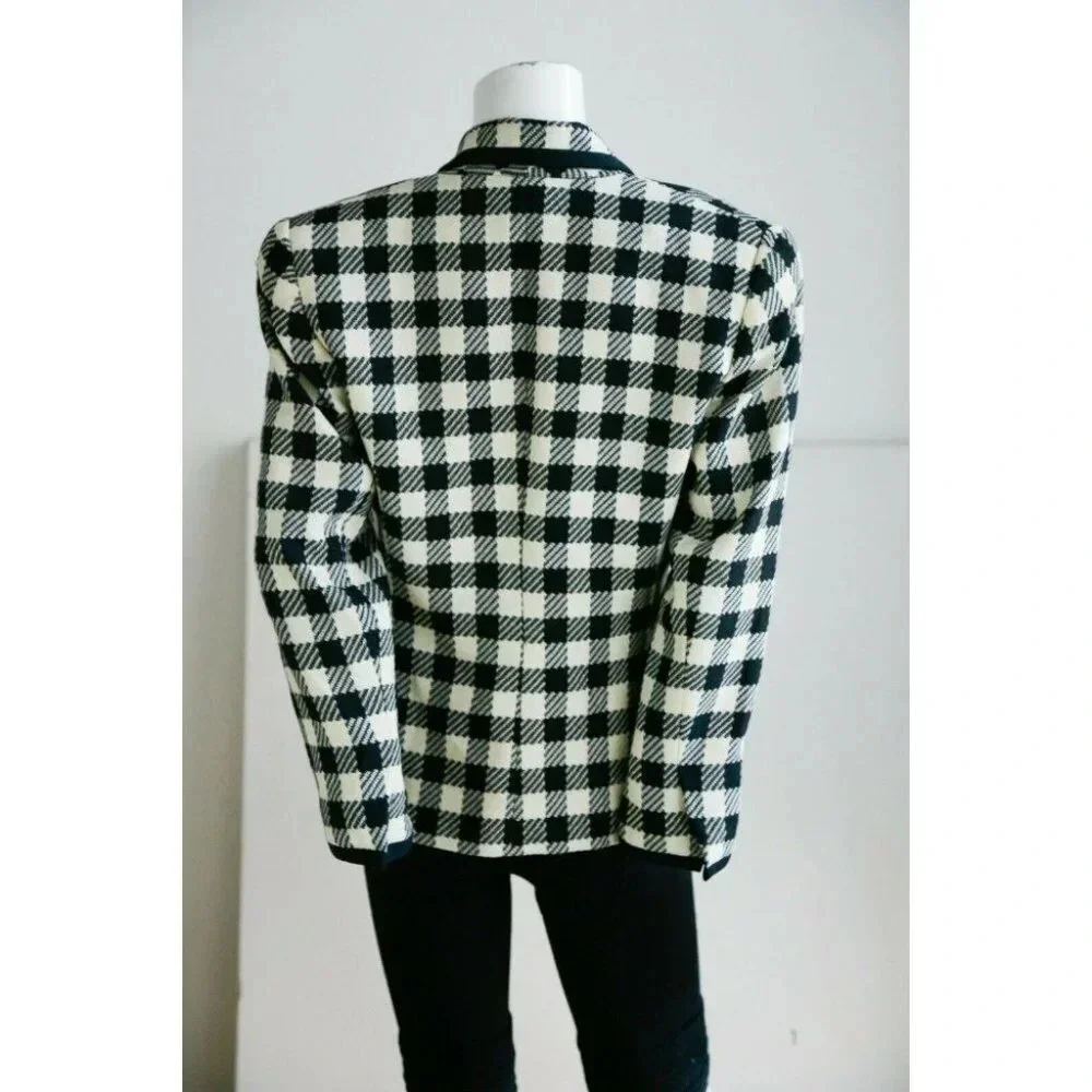 Vintage Wool Black White PlAid Notched Collar Fitted Cropped Chic Blazer M